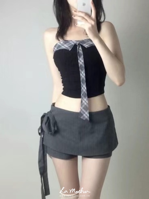 中腰綁帶條紋褲裙